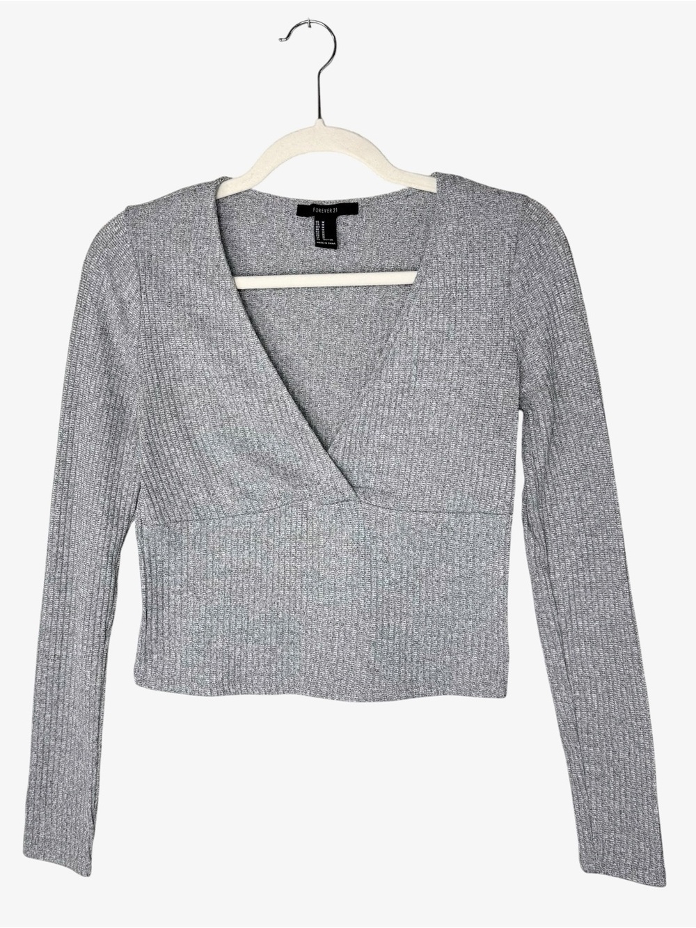 Vintage Y2K gray long sleeve top medium V-neck Forever 21 Cropped Midi Ribbed